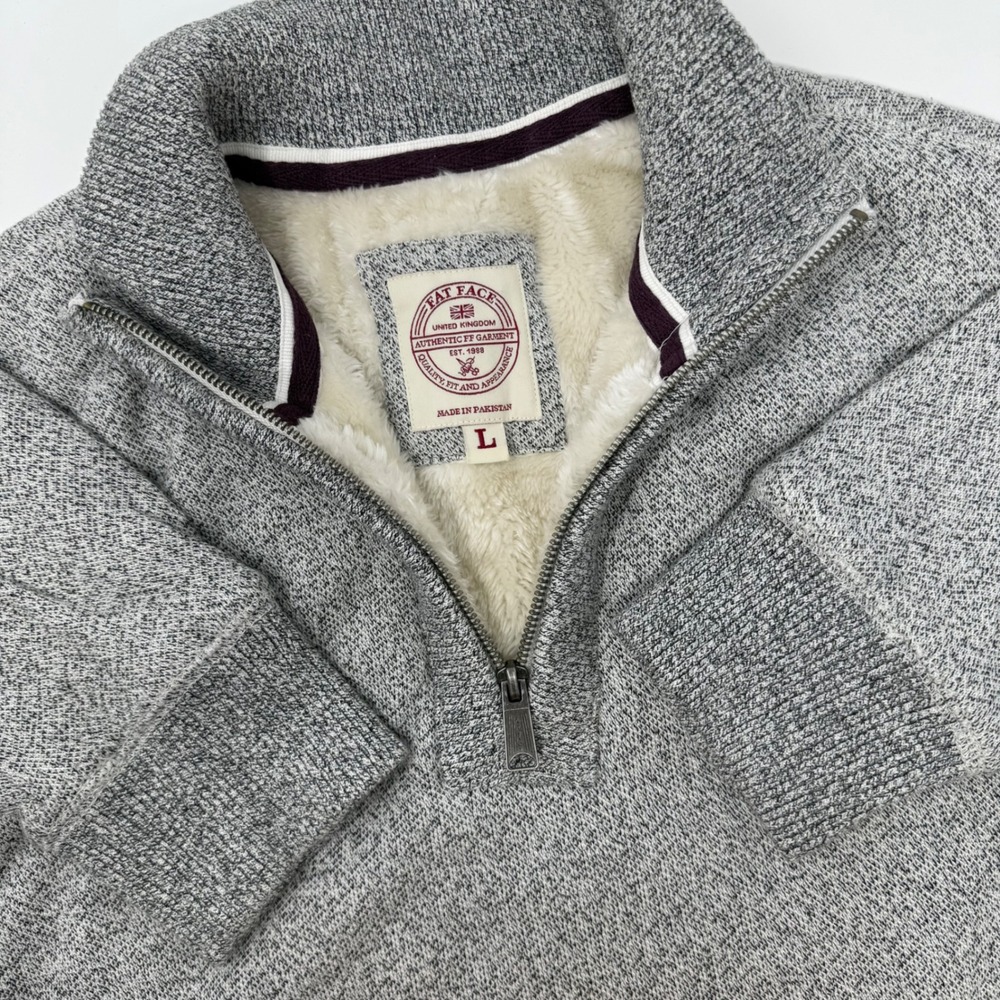 Fat Face Men's Grey Marl Sherpa Lined Quarter Zip‎ Pullover Sweater Size Large